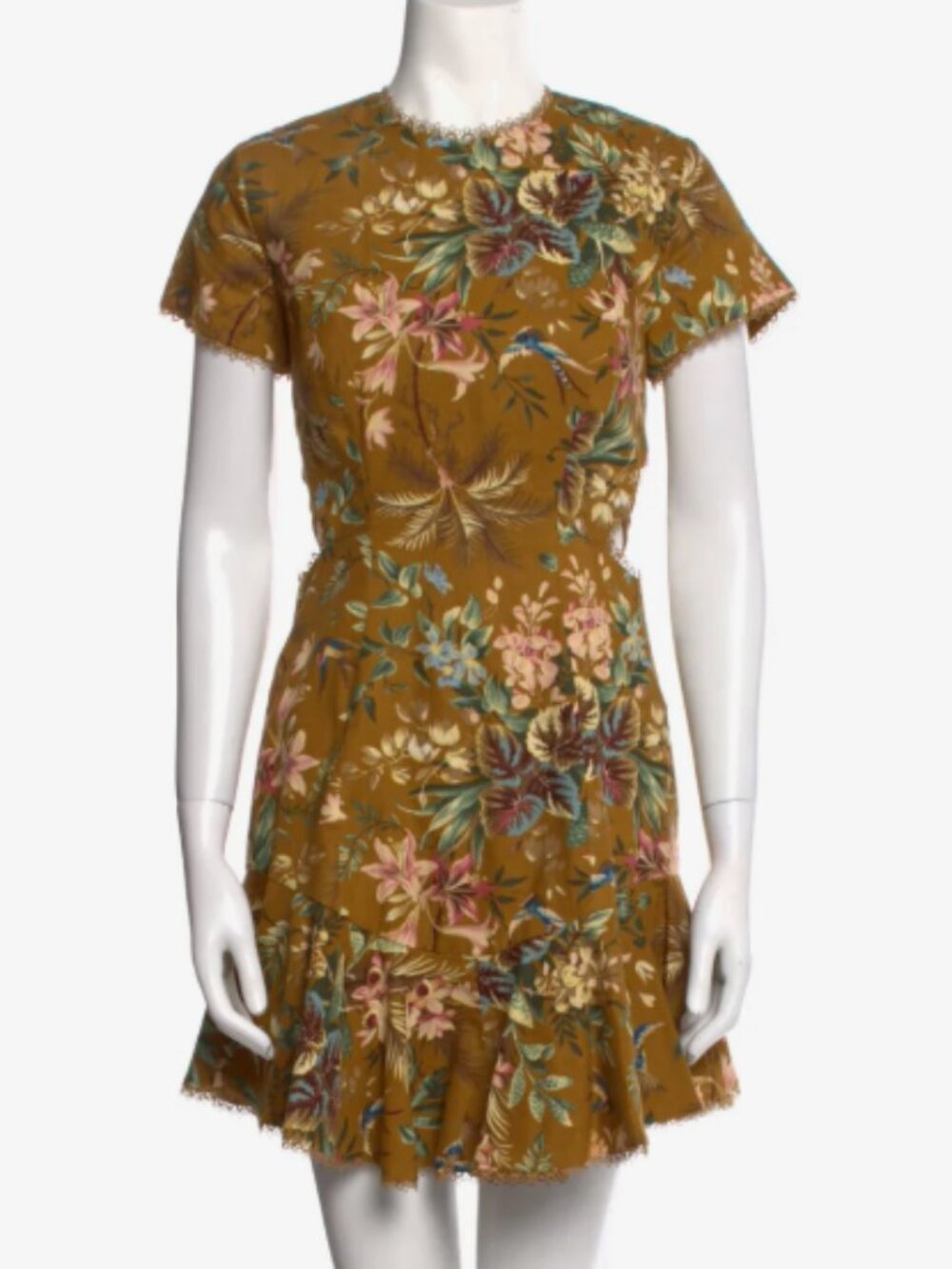Zimmermann Mustard Floral Midi Dress with Lace Trim